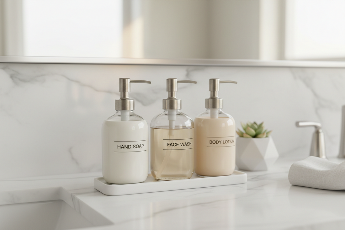 A Clear Glass Soap Dispenser Set That Keeps Things Simple and Stylish