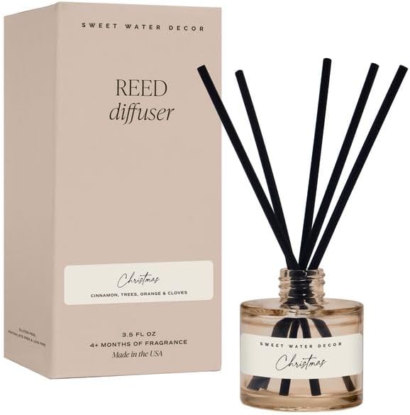 Sweet Water Decor Christmas Reed Diffuser Set - Fresh Cut Trees, Orange, and Cloves Holiday Scent for Home with Long Lasting Fragrance - Non-Toxic Oil Reed Diffuser Made in The USA