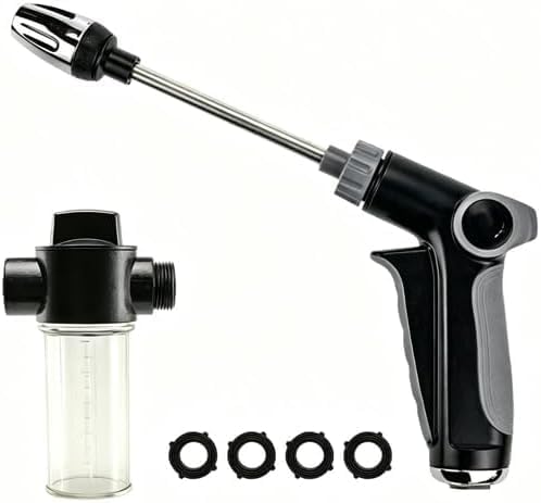 High Pressure Hose Nozzle, 360° Rotating High Pressure Water Gun with Foam Bottle, 3/4 Inch Connector, Adjustable Spray Wand with 4 Sealing Rings for Car, Yard, Patio, Pet Cleaning