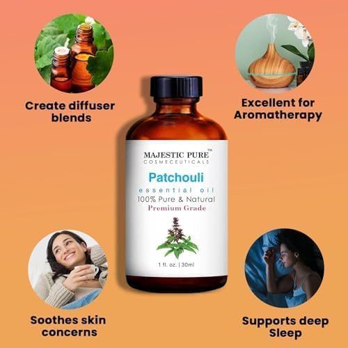 Majestic Pure Patchouli Essential Oil for Diffuser - 1 Fl Oz | 100% Natural Essentials Oils for Aromatherapy, Massage, Steam inhalation, Air Freshing, Soap and Candle Making