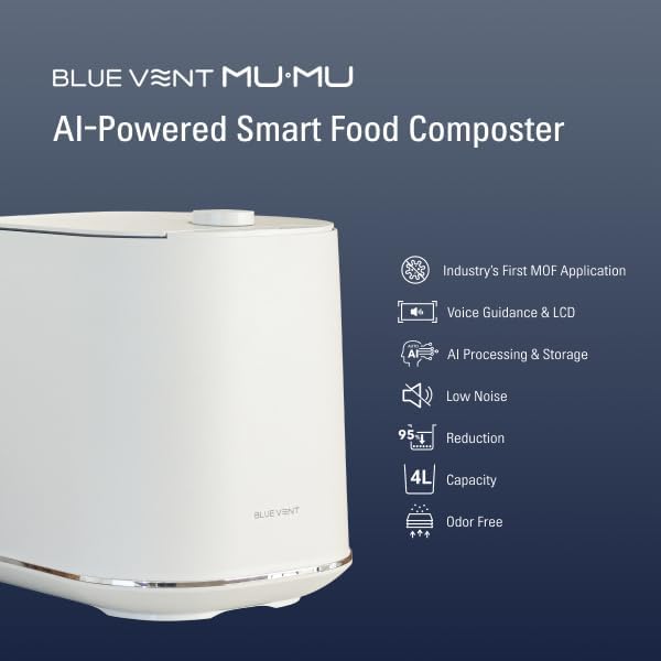 THINKWARE BLUEVENT MUMU Smart AI Electric Food Composter, 4L, Odorless | Quiet 20 dB, Green Mode, kitchen countertop size, turns food waste into compost in 4-8 hours