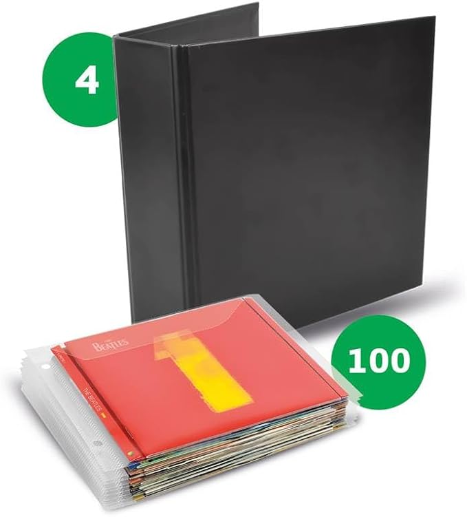 Tarifold CD Storage Bundle, 100 Binder Sleeves and 4 Binders, 2-Ring Holes | Holds CD, cover art and booklet, secure closing flap, 25 sleeves per binder, polypropylene, saves up to 70% storage space
