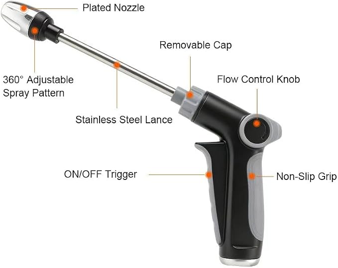 High Pressure Hose Nozzle, High Pressure Water Gun with 360 ° Rotating Spray, Multi Function Pressure Washer Nozzle, 3/4 Inch Connector with 4 Sealing Rings for Yard, Car and Pet Cleaning