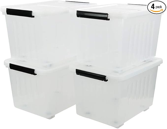 4-Pack Clear Plastic Storage Bins with Lid, 42 L Large Plastic Storage Box