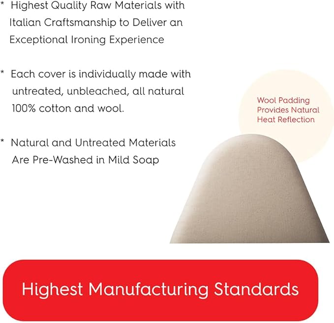 TIVIT Ironing Board Cover 18 x 49 - Made in Italy - Wide Chemical Free Eco-Friendly Padded Covers - Unbleached, Untreated Natural Cotton & Wool Pad - 2 Layer, 3 Fastener Straps, Pull Bungee Cord