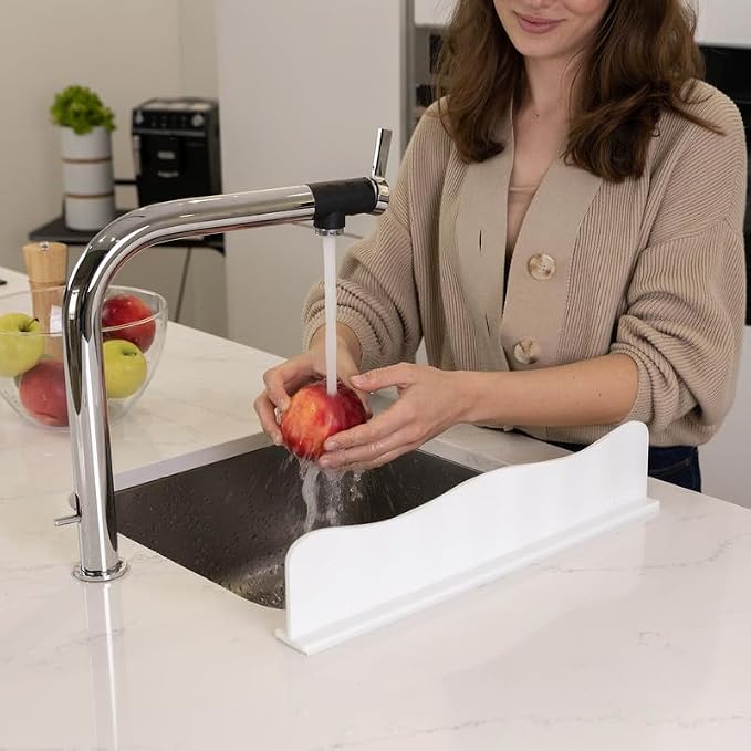 TYOARO Silicone Sink Splash Guard - Water Splash Guard for Kitchen, Island and Bathroom - Secure Non-Slip Suction Cup Base - Dishwasher Safe, White (17.4 x 1.7 x 3.6")