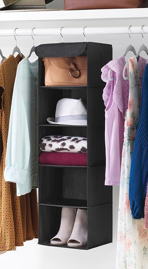 Whitmor 5 Tier Shelf Hanging Closet Organizer, Hanging Shelves with 2 Sturdy Metal Hooks,Foldable(Black)