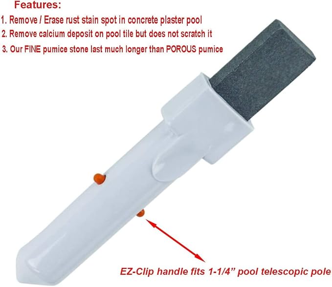 ATIE Pool Pumice Stone with EZ-Clip Handle to Reomve Erase Rust Stain Spot in Concrete Plaster Pool Spa and Calcium Deposit on Pool Tile (3 Pack)