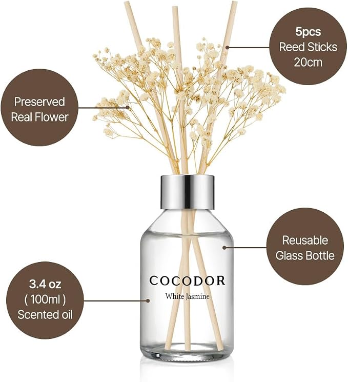 COCODOR Flower Reed Diffuser Set / 3.4oz / Cashmere Vanilla/Scent Diffuser with Sticks Home Fragrance Reed Diffuser for Bathroom Shelf Decor