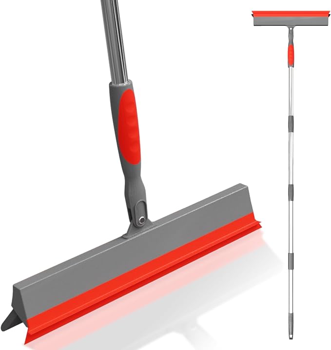 Floor Squeegee for Concrete Floor, 15.8" Large Heavy Duty Squeegee for Floor with 60" Adjustable Handle, 2-in-1 Silicone & EVA Blade for Garage,Concrete,Tile,Bathroom,Window Glass Cleaning