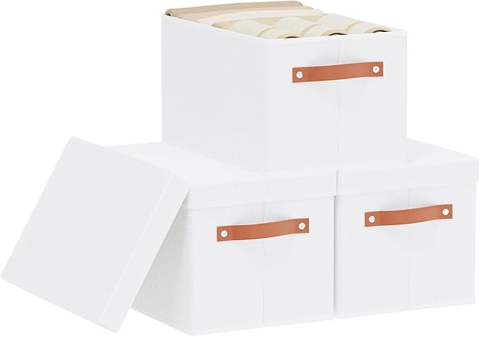 Fabric Storage Bins, Clothes Boxes for Shelves with Lids, Baskets for Organizing with Handles, Decorative Linen Closet Organizers, White, 3 Pack, 15 x 9.8 x 8.3 Inch