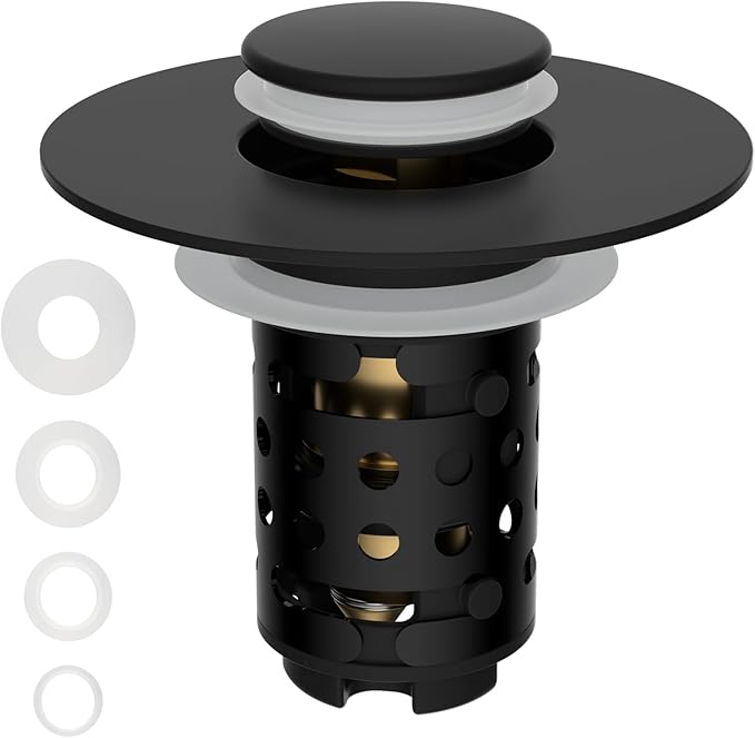 Universal Bathroom Sink Drain Stopper Hair Catcher, Matteblack | Upgraded with 2-Layer Detachable Filter Basket, 4 in 1 Pop Up Drain Strainer, Anti-Clog, Fit for 1.1''~2.36'' Sinks