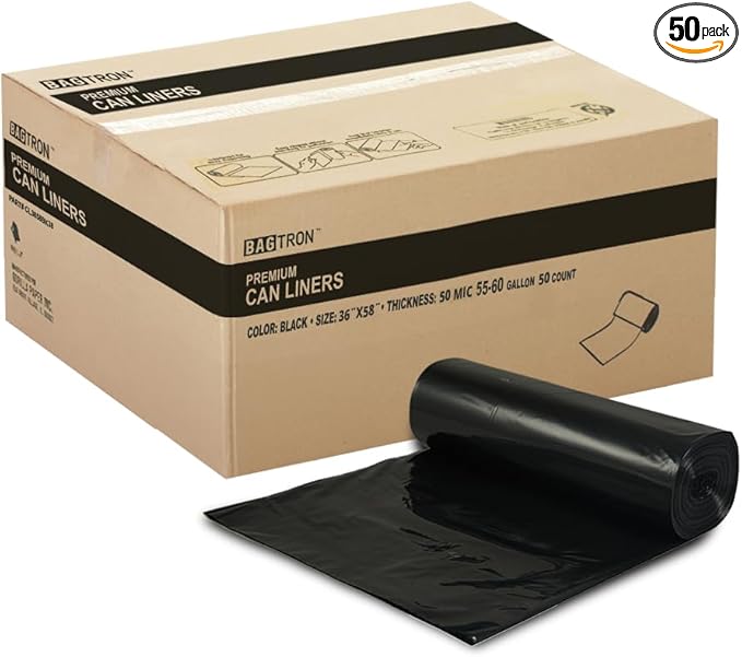 55-60 Gallon Trash Bags, 50 Micron Heavy Duty Pure LDPE Garbage Can Liners, 36" x 58" Large, Black, 50 Count