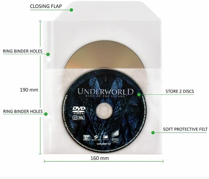 Tarifold DVD Storage Bundle, 50 Binder Sleeves and 2 Binders, 2-Ring Holes | Holds DVD, cover art and booklet, secure flap, 25 sleeves per binder, 120-micron polypropylene, saves up to 70% storage space