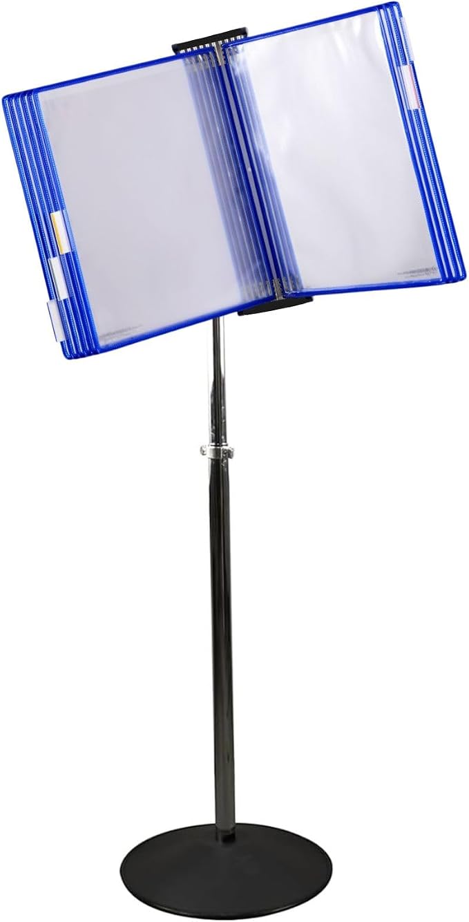 Tarifold Adjustable Floor Reference Display Stand, 10 Pockets, Blue | 10 double-sided pockets hold 20 letter-size sheets, adjustable floor stand, durable metal bracket, easy to assemble