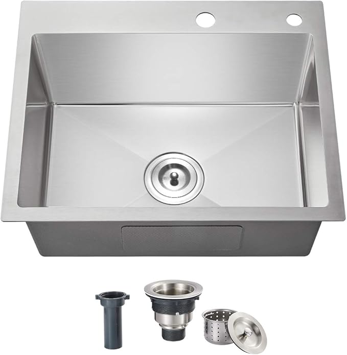 20x16x9 Inch Drop in Kitchen Sink, Handmade 304 Stainless Steel Single Bowl with 2 Holes, R10 Tight Radius, Topmount Installation, for Modern Kitchen/RV Sink, Brushed
