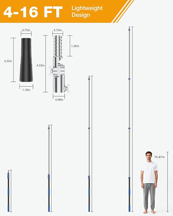 Telescoping Pole, 4-16 Ft with Joint Angle & Squeegee Adaptor, Aluminum Telescopic Paint Roller Extension Pole & Extendable Pole, Anti-Slip Foam Grip, Multi-Purpose Gutter Window Dust Cleaning Pole