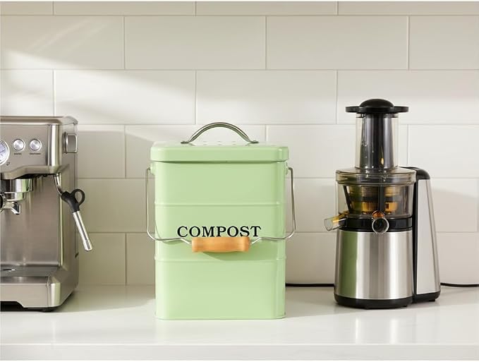 Compost Bin Kitchen Countertop Indoor Compost Pail Bucket, Great for Food Scraps, Carbon Steel, Handles, Green, 1 Gallon - Includes Charcoal Filter