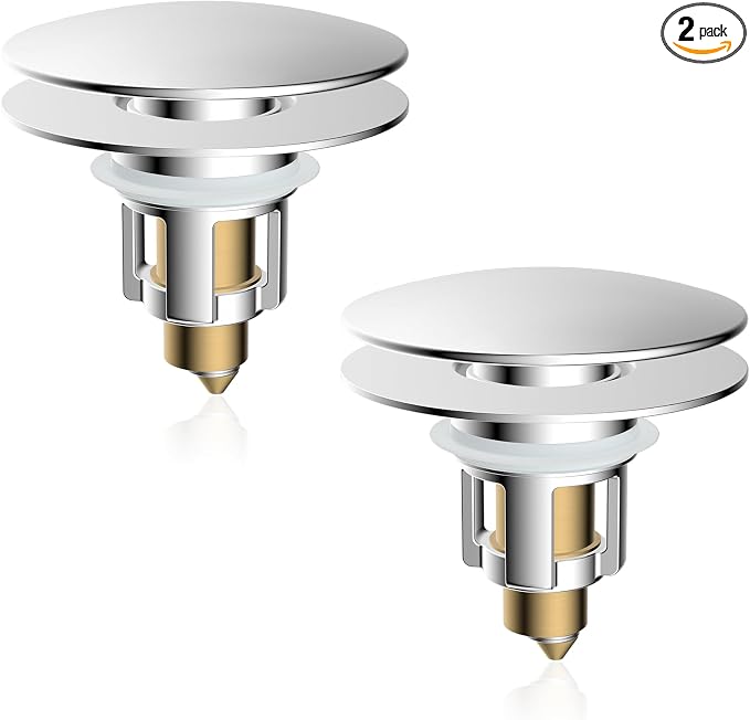 2 Pack Universal Metal Bathroom Sink Stopper, Hair Catcher Strainer, Chrome | Pop-Up Sink Drain Strainer with Detachable Filter, Drain Plug Fits 1.1"-2.36" US Basin, Large Cover Cap, Brass Bounce Core