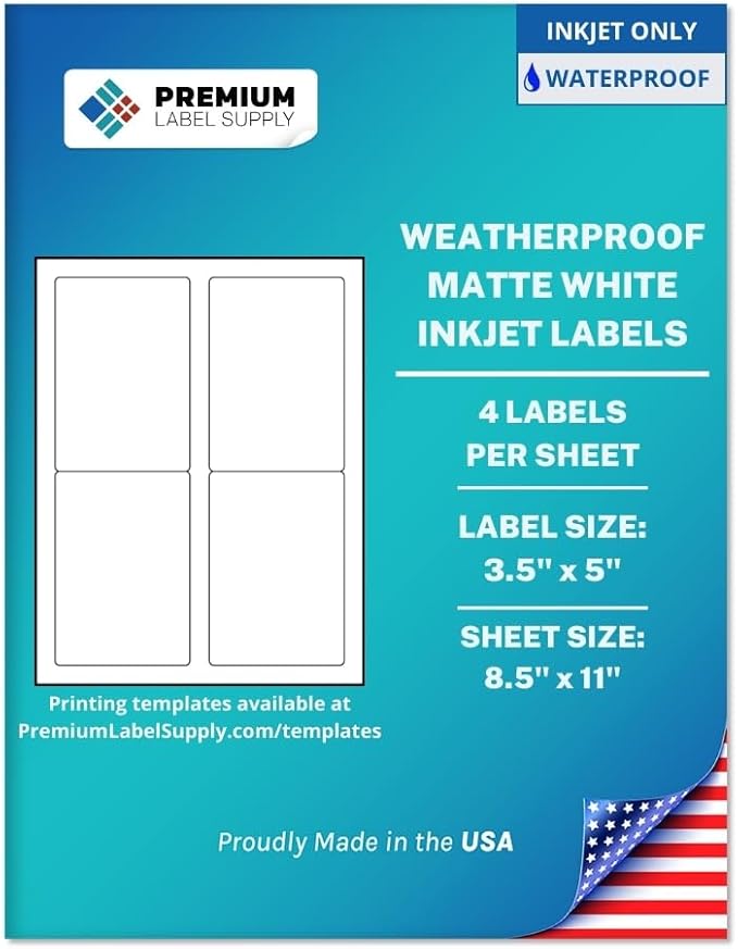 Premium Label Supply Waterproof Matte White Sticker Labels – 3.5" x 5" – Inkjet Printers Only – (4 per Sheet), 1000 Sheets - 4,000 Total Adhesive Labels