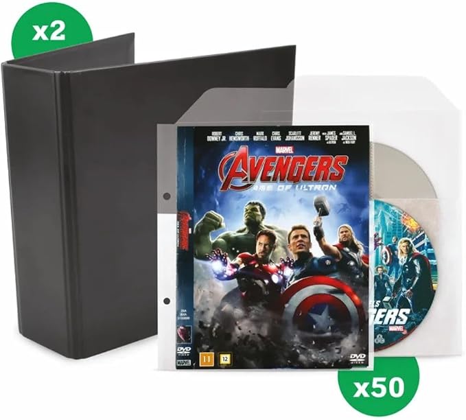 Tarifold DVD Storage Bundle, 50 Binder Sleeves and 2 Binders, 2-Ring Holes | Holds DVD, cover art and booklet, secure flap, 25 sleeves per binder, 120-micron polypropylene, saves up to 70% storage space