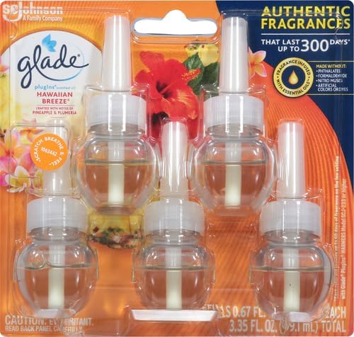 Glade PlugIns Refills Air Freshener, Scented and Essential Oils for Home and Bathroom, Hawaiian Breeze, 3.35 Fl Oz, 5 Count (Pack of 5)