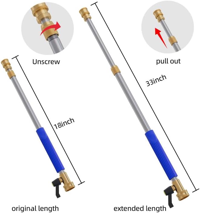 Upgraded Jet Nozzle High Pressure Hose Nozzle, Adjustable Hydro Nozzle Wands 18-33” for Garden Hose with 5 Nozzles & Hose Quick Connectors, Extended Power Washer Wand for Patio, Car, Window, Blue