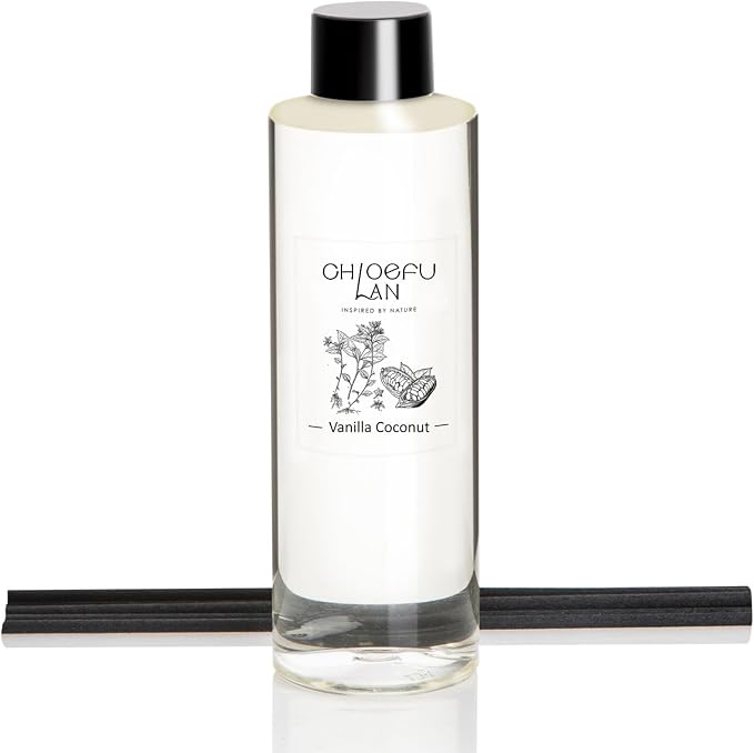 Chloefu LAN Vanilla Coconut Scented Oil Diffuser Refill 6.76 fl oz Natural Essential Oil for Reéd Diffuser Home Fragrance for Bedroom, Bathroom Home Decor