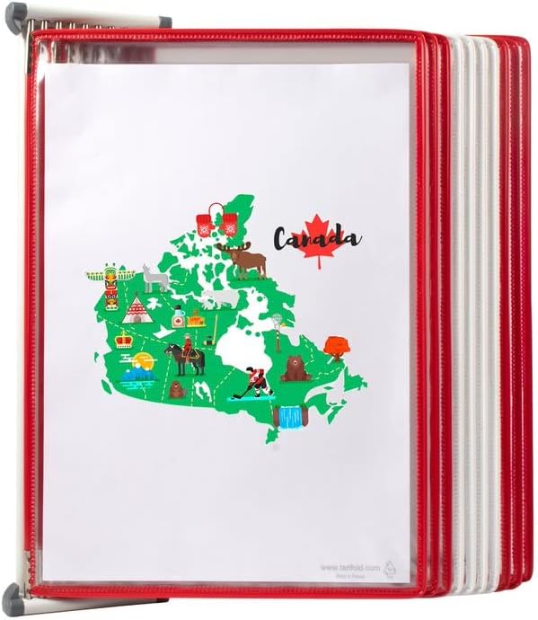 Tarifold Wall Mount Reference System, 10 Pockets, Red Colors | 10 double-sided PVC pockets hold 20 letter-size sheets, Red color frames, sturdy wall-mount bracket, easy to install
