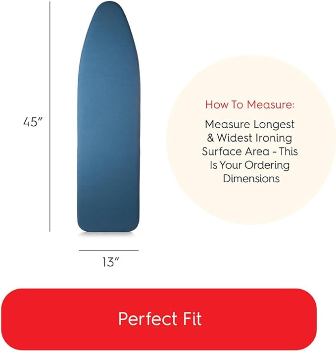 TIVIT Ironing Board Cover 13 x 45, Performance Grade Titanium Coated Pro Grip Pad & Covers - Superior Scorch & Stain Resistance, High Heat Reflection, 3 Padded Layers 3 Fastener Straps - Made In Italy