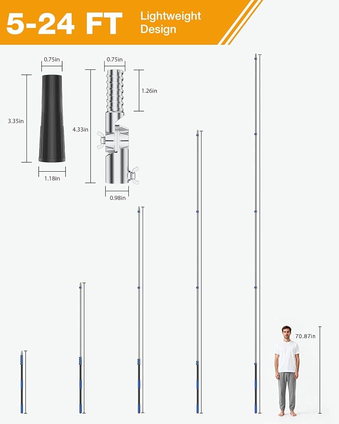 Telescoping Pole, 5-24 Ft with Joint Angle & Squeegee Adaptor, Aluminum Telescopic Paint Roller Extension Pole & Extendable Pole, Anti-Slip Foam Grip, Multi-Purpose Gutter Window Dust Cleaning Pole
