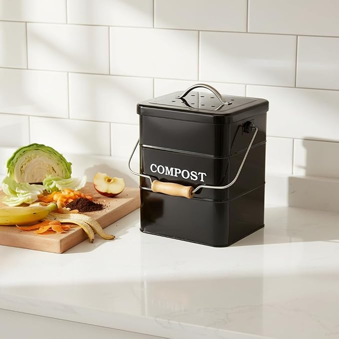 Compost Bin Kitchen Countertop Indoor Compost Pail Bucket, Great for Food Scraps, Carbon Steel, Handles, Black, 1 Gallon - Includes Charcoal Filter