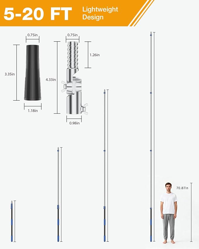 Telescoping Pole, 5-20 Ft with Joint Angle & Squeegee Adaptor, Aluminum Telescopic Paint Roller Extension Pole & Extendable Pole, Anti-Slip Foam Grip, Multi-Purpose Gutter Window Dust Cleaning Pole