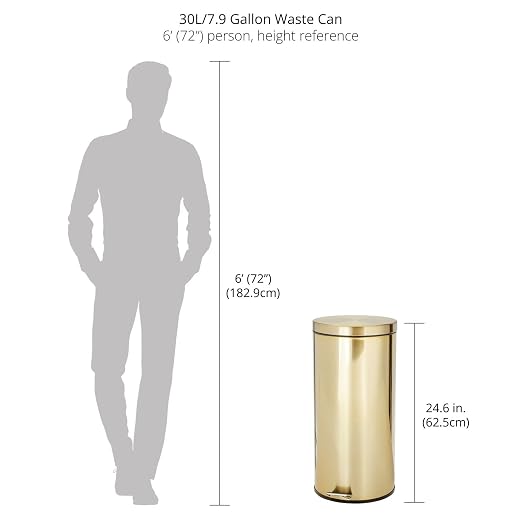 mDesign Tall 30 Liter, Large Round Metal Lidded Step Trash Can, Thin Compact Garbage Bin with Removable Liner Bucket for Bathroom, Kitchen, Craft Room, Office, Garage - Soft Brass