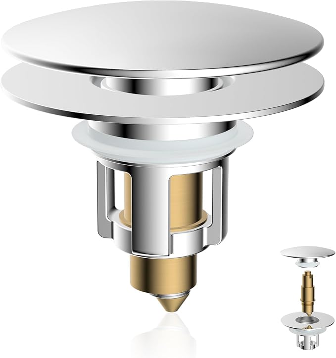 Universal Metal Bathroom Sink Stopper, Pop-Up Hair Catcher Strainer, Chrome | Large Cover Cap, Sink Drain Strainer with Detachable Double Filter, Drain Plug Fits 1.1"-2.36" US Basin, Brass Bounce Core