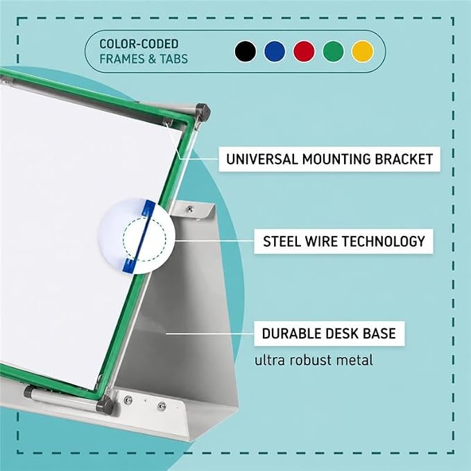 Tarifold Desktop Reference Display System, 10 Pockets, Expandable, Green | 10 double-sided PVC pockets, holds 20 letter-size sheets, sturdy metal base, quick-find indexing, quick and easy to assemble