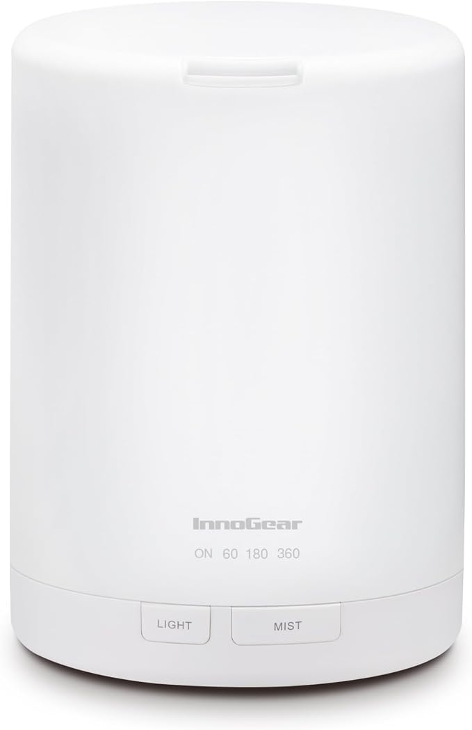InnoGear 300ml Essential Oil Diffuser for Home Humidifier, Basic White | Aromatherapy, Cool Mist Humidifier, Ultrasonic, Large Room, Run up to 10hrs, Waterless Auto Off, 7 LED Lights, Quiet