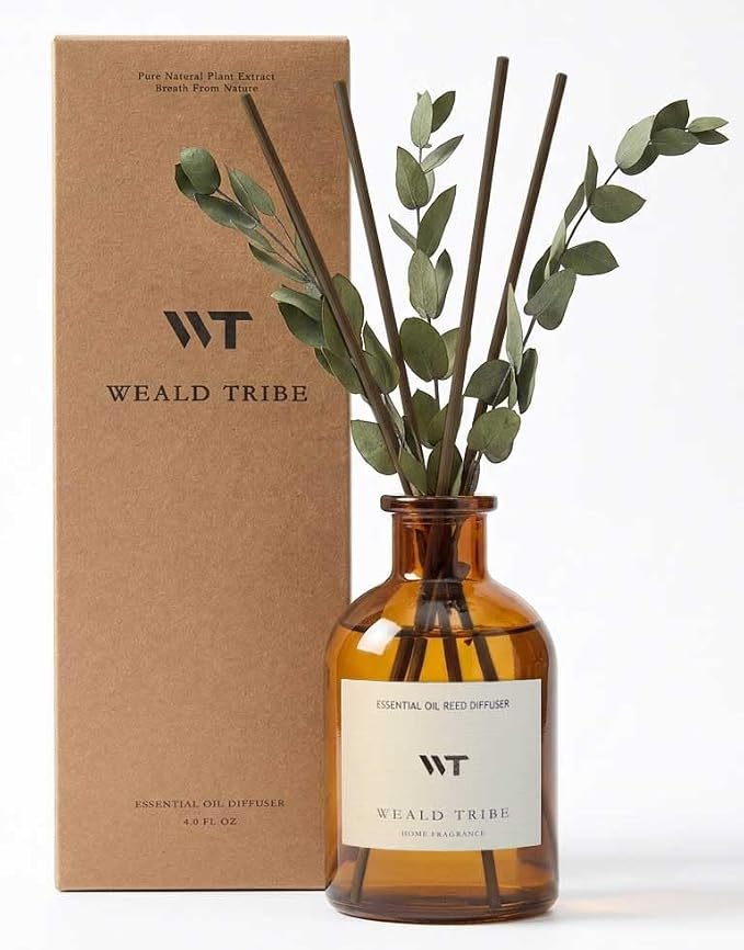 Reed Diffuser Set for Bathroom Air Fresheners, Oil Diffuser Sticks with Flower | Eucalyptus & Mint Scent 4.0 fl oz Home Fragrance with Sticks Defusers | House Bedroom Office Shelf Decor
