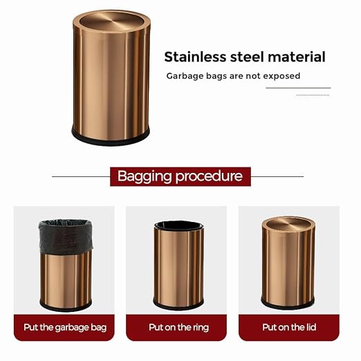Antique Brass Bathroom Trash can with lid，Stainless Steel,Small Grabage Can with Flipping Lid, 9L/2.4Gal for Living Room,Bedroom,Guest Room,Hotel (Rose Gold)