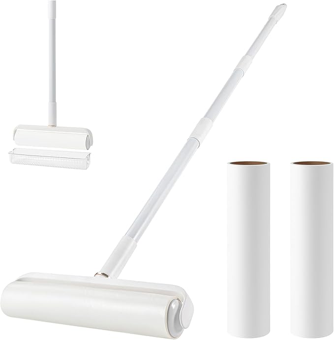 Floor Lint Roller Long Handle with Cover and 2 Refills for Pet Hair Extra Sticky Large 9.45 inch Lint Remover for Carpet Bedding Couch (Extra Long Handle & 3 Sticky Rolls)