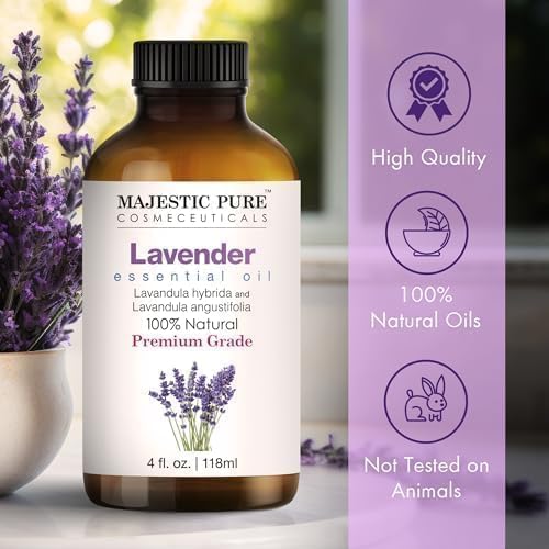 Majestic Pure Lavender Essential Oil for Diffuser - 4 Fl Oz | 100% Natural Essentials Oils Ideal for Relaxing Tense Mood, Eliminating Odor, Creating Peaceful Atmosphere for Sleep & Work