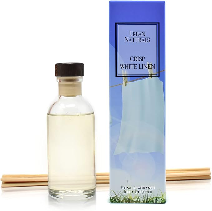 Reed Diffuser Set, Crisp White Linen - Bathroom Shelf Décor | Citrus, Ozone, Ylang-Ylang, Lilies & Sandalwood Scent Notes for a Fresh, Clean Cotton Smelling Home, Made in the USA