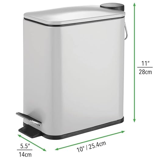 mDesign Slim Metal Rectangle 1.3 Gallon/5 Liter Trash Can with Step Pedal, Easy-Close Lid, Removable Liner - Narrow Wastebasket Garbage Container Bin for Bathroom, Bedroom, Kitchen - Matte Gray