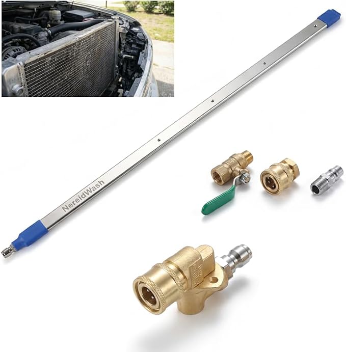 Car Radiator Cleaning Wand, Dual-Use 24‘’ Water&Air Flush Cleaning Tool Max 4500PSI Pressure Washer Wands For Car Truck RV Radiator Gutter, Jetter Nozzle Flat Wand With Angles Coupler