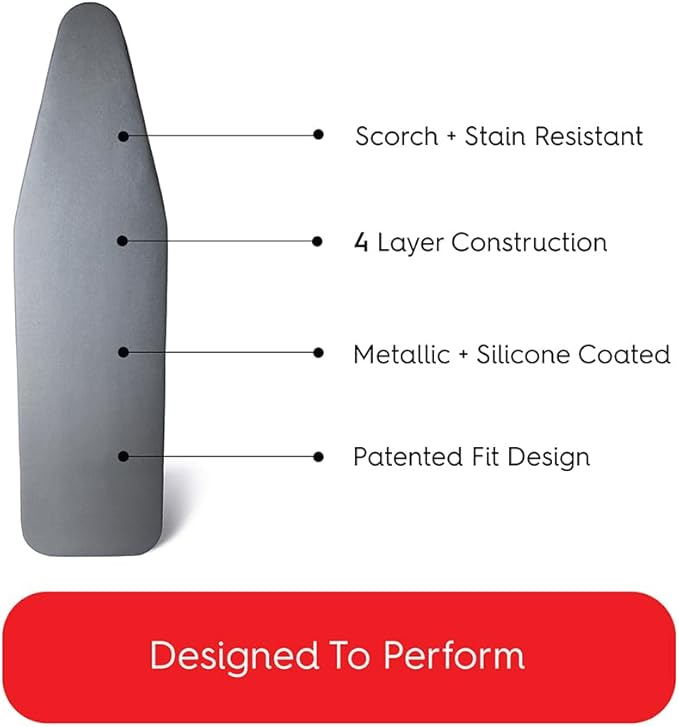 TIVIT Ironing Board Cover 17 x 49, Made in Italy. Pro Grip Pad Covers w/3 Fastener Straps & Pull Bungee Cord - Durable Scorch & Stain Resistant Padded Layers, Heat Reflective AlumiTek PRO Top Coat