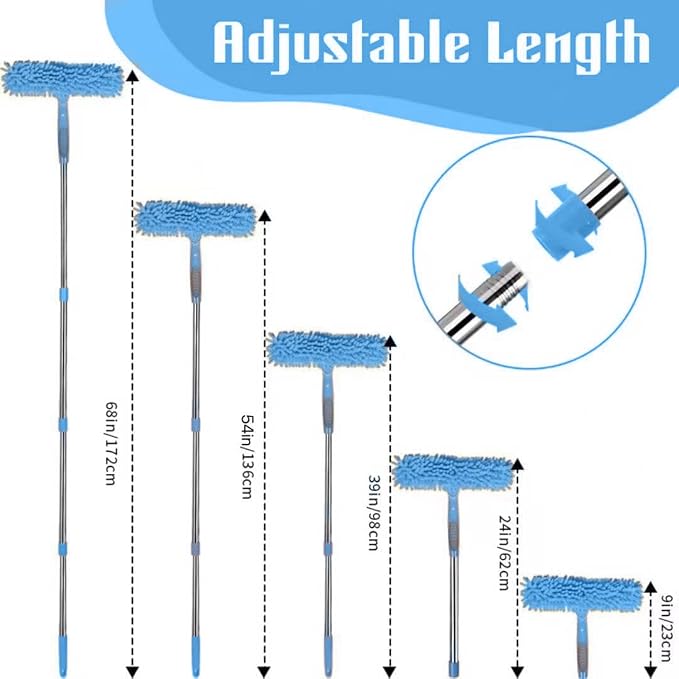 2-in-1 Window Cleaner Tool, 68'' Squeegee for Window Cleaning | Extension Pole, Scrubber with Rotating Head, Streak-Free Squeegee, Thickened Stainless Steel, In/Outdoor Washing Equipment