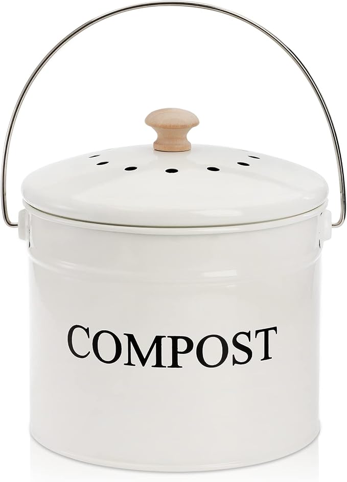 AVLA Compost Bin Kitchen Countertop, 1 Gallon Composter Pail, Food Waste Composting Bucket, Odorless Trash Keeper Container, White Scraps Caddy with Charcoal Filter, Carrying Handle, Lid