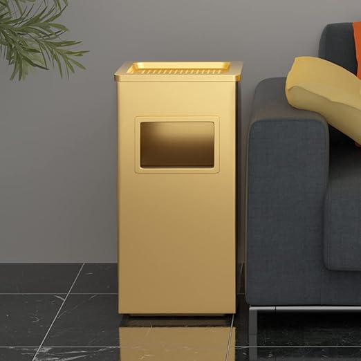 BEAMNOVA Trash Can Indoor Outdoor Black Stainless Steel Commercial Garbage Can Industrial Garbage Enclosure Inside Cabinet with Lid Waste Container, Gold Color, 12.2 * 9.8 * 24 in