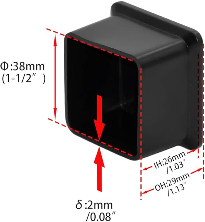 Flyshop Flexible Anti-Scratch PVC Patio Chair Table Leg Caps Tips Floor Protectors Square Furniture Covers, 20pcs, Black, 38 mm x 38 mm, 1-1/2" x 1-1/2"