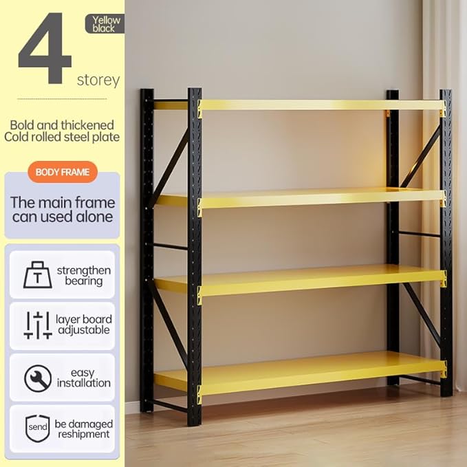 Storage Shelves Heavy Duty, Metal Garage Shelving Units, 4 Tier Storage Rack Shelf, Steel Industrial Shelving, Adjustable Standing Shelf for Basement/Warehouse (Yellow and Black, W59.06*D23.6*H78.74)